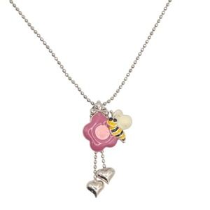 Cookie Lee Enamel Flower Bee Heart Charm Choker Necklace Silver Tone Ball Chain